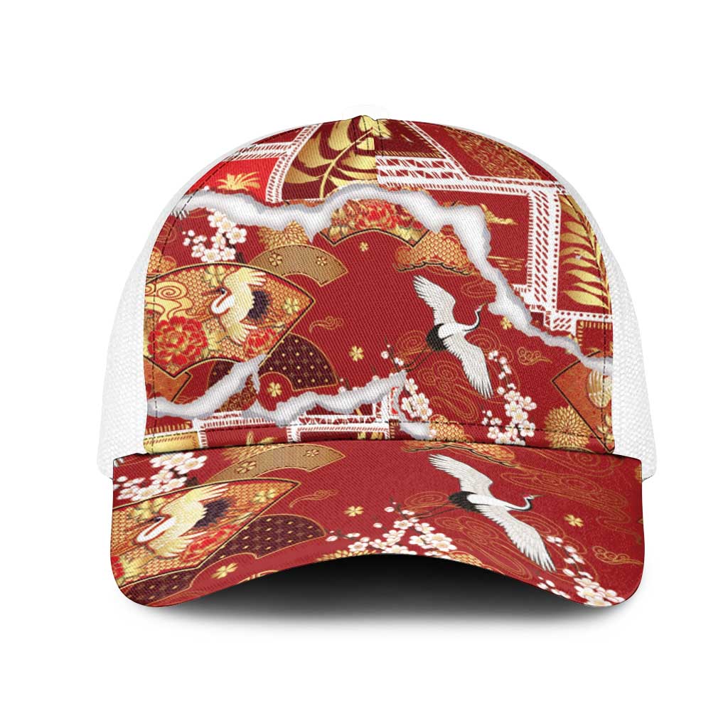 Hawaii Japanese Culture Red Mesh Trucker Cap Spring Cranes Aloha Pattern