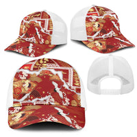 Hawaii Japanese Culture Red Mesh Trucker Cap Spring Cranes Aloha Pattern