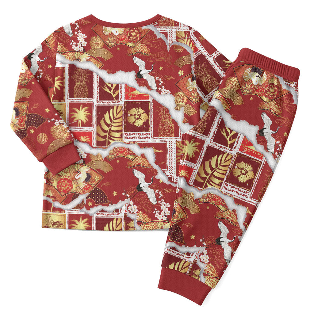 Hawaii Japanese Culture Red Christmas Pajama Set Spring Cranes Aloha Pattern LT01 - Polynesian Pride