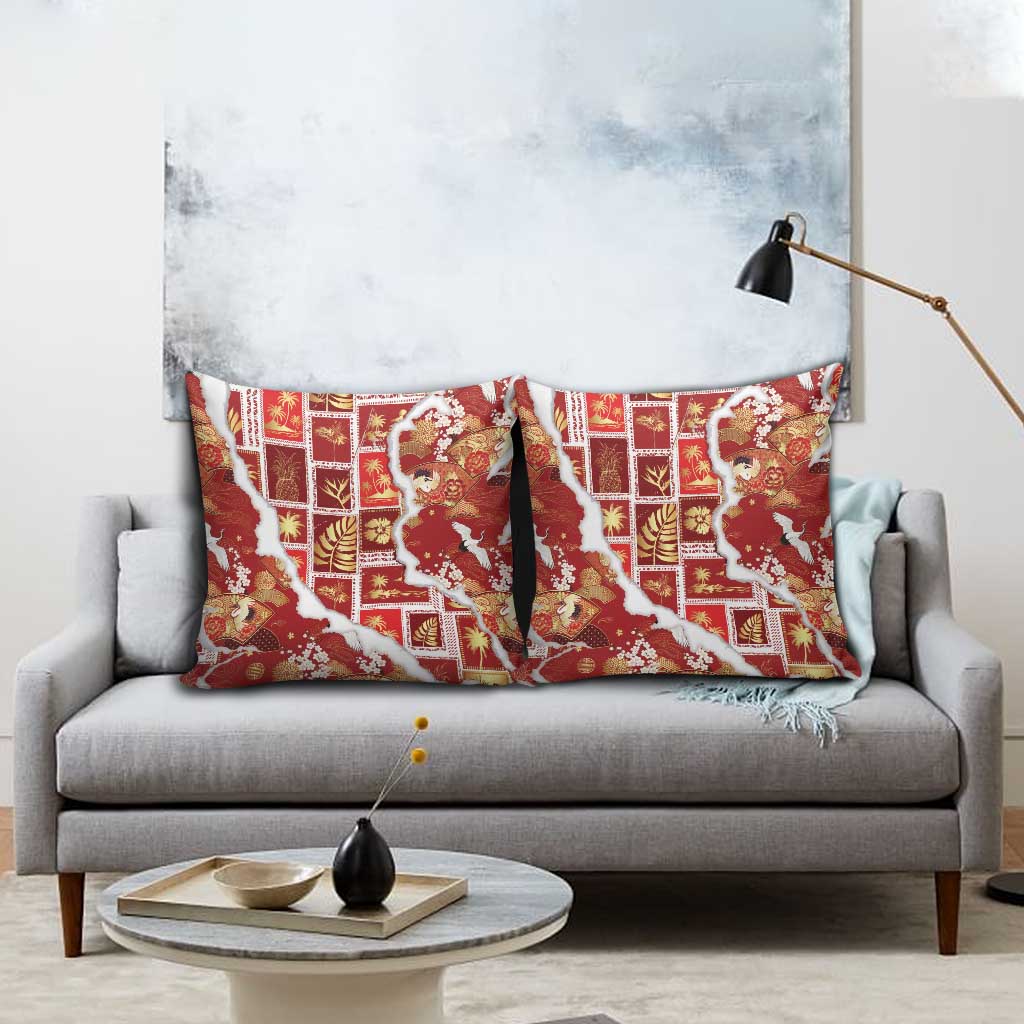 Hawaii Japanese Culture Red Pillow Cover Spring Cranes Aloha Pattern
