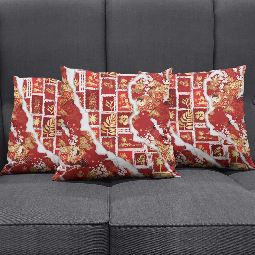 Hawaii Japanese Culture Red Pillow Cover Spring Cranes Aloha Pattern