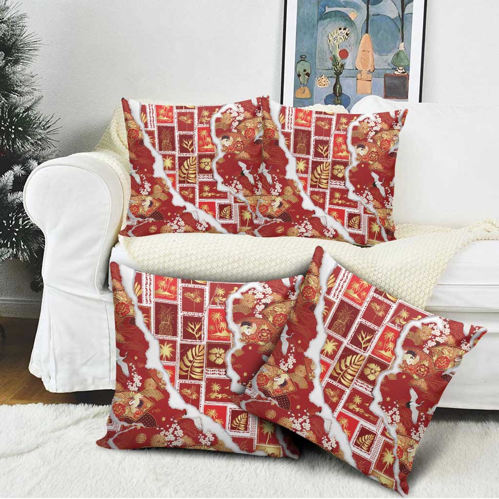 Hawaii Japanese Culture Red Pillow Cover Spring Cranes Aloha Pattern