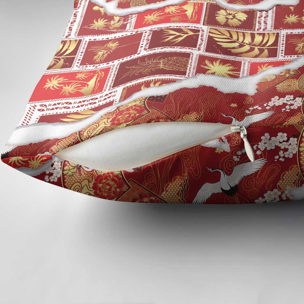 Hawaii Japanese Culture Red Pillow Cover Spring Cranes Aloha Pattern