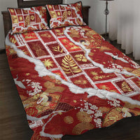 Hawaii Japanese Culture Red Quilt Bed Set Spring Cranes Aloha Pattern