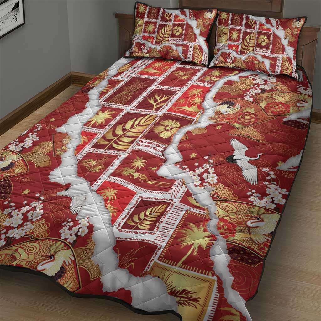 Hawaii Japanese Culture Red Quilt Bed Set Spring Cranes Aloha Pattern