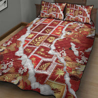 Hawaii Japanese Culture Red Quilt Bed Set Spring Cranes Aloha Pattern
