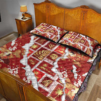Hawaii Japanese Culture Red Quilt Bed Set Spring Cranes Aloha Pattern