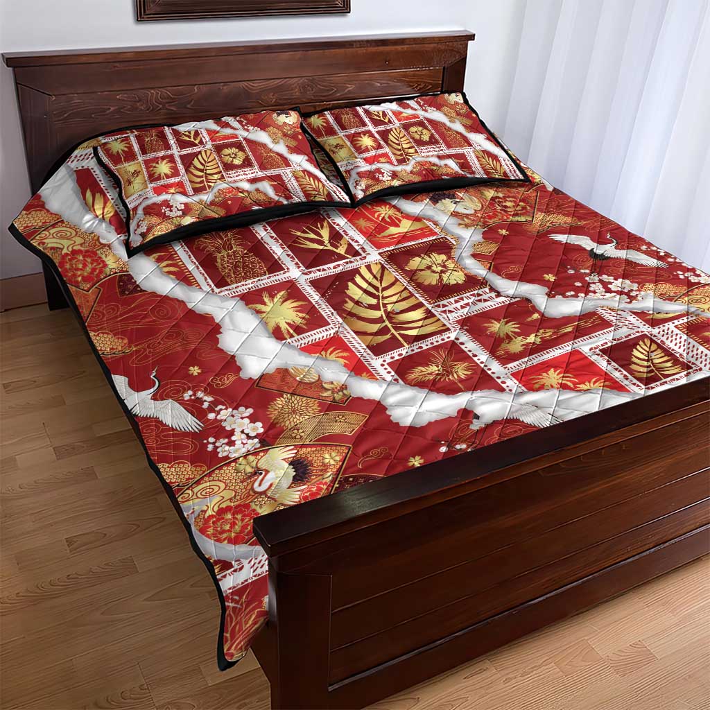 Hawaii Japanese Culture Red Quilt Bed Set Spring Cranes Aloha Pattern