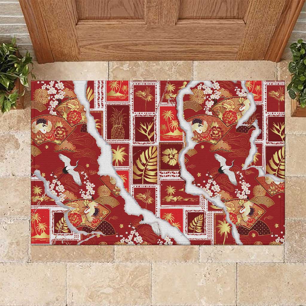 Hawaii Japanese Culture Red Rubber Doormat Spring Cranes Aloha Pattern