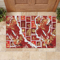 Hawaii Japanese Culture Red Rubber Doormat Spring Cranes Aloha Pattern