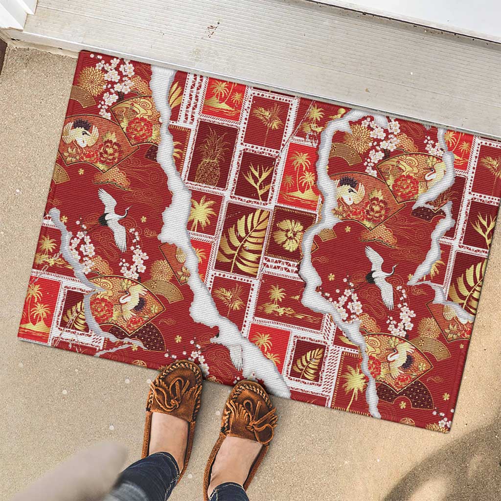 Hawaii Japanese Culture Red Rubber Doormat Spring Cranes Aloha Pattern