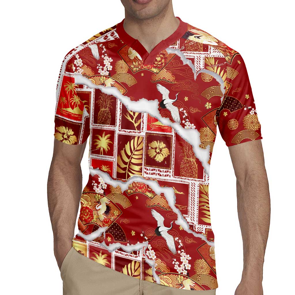 Hawaii Japanese Culture Red Rugby Jersey Spring Cranes Aloha Pattern