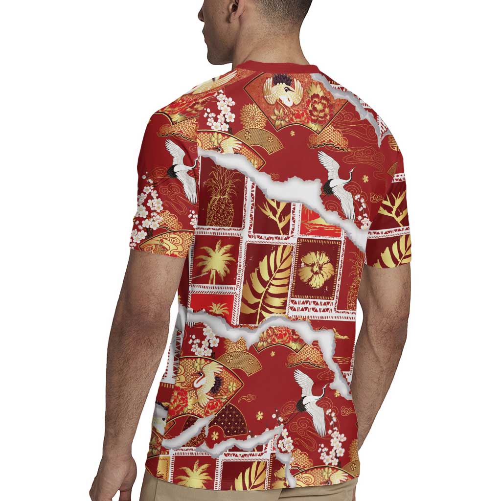 Hawaii Japanese Culture Red Rugby Jersey Spring Cranes Aloha Pattern