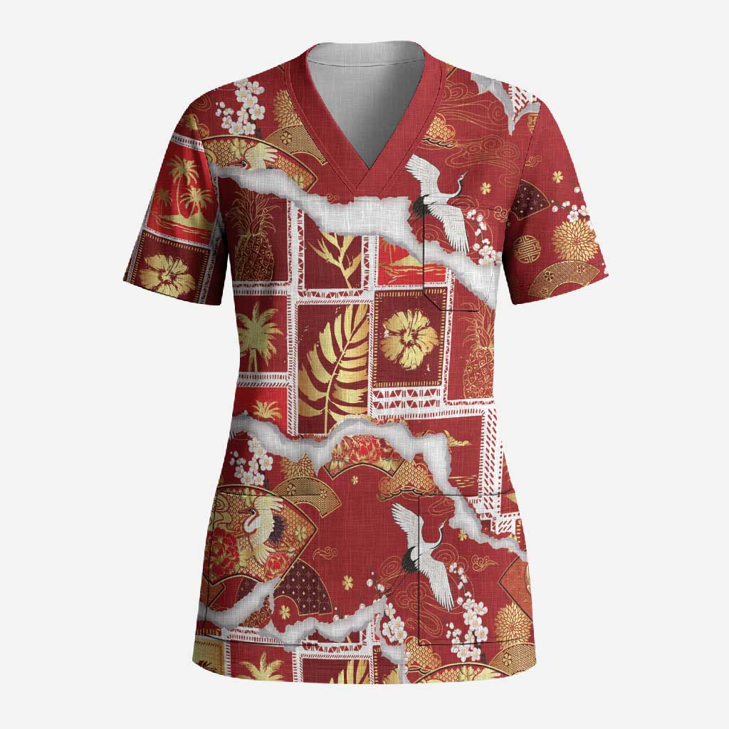 Hawaii Japanese Culture Red Scrub Top Spring Cranes Aloha Pattern LT01 Adult Red - Polynesian Pride