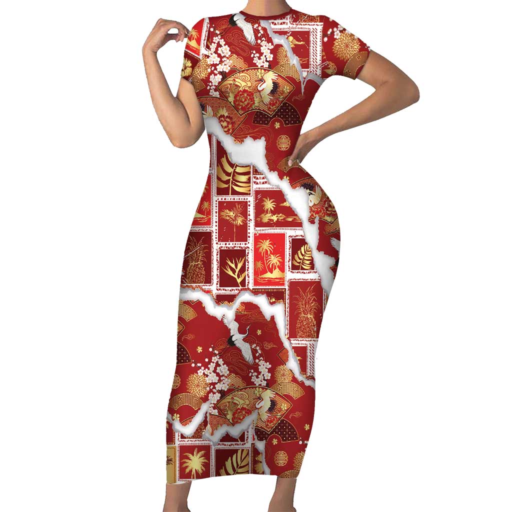 Hawaii Japanese Culture Red Short Sleeve Bodycon Dress Spring Cranes Aloha Pattern LT01 Long Dress Red - Polynesian Pride