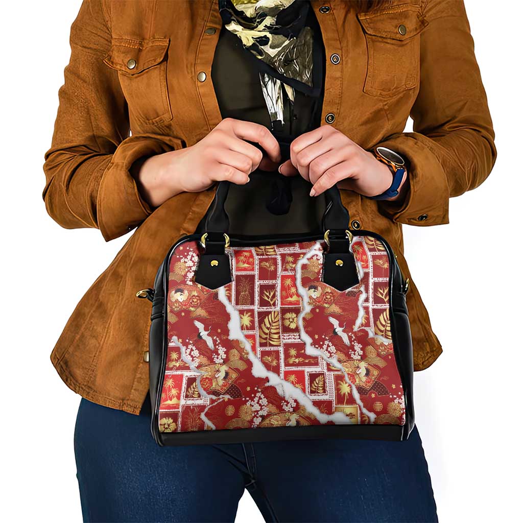 Hawaii Japanese Culture Red Shoulder Handbag Spring Cranes Aloha Pattern