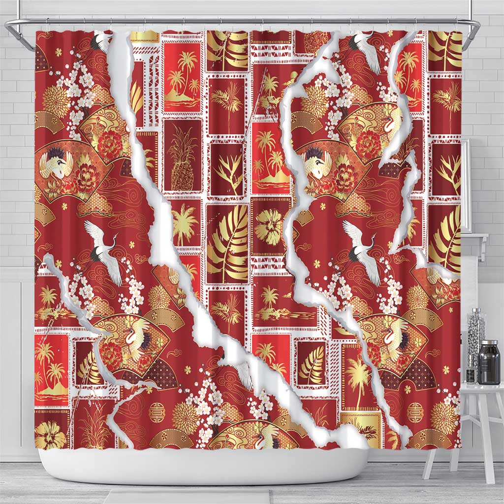 Hawaii Japanese Culture Red Shower Curtain Spring Cranes Aloha Pattern
