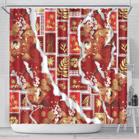 Hawaii Japanese Culture Red Shower Curtain Spring Cranes Aloha Pattern