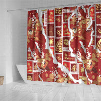 Hawaii Japanese Culture Red Shower Curtain Spring Cranes Aloha Pattern