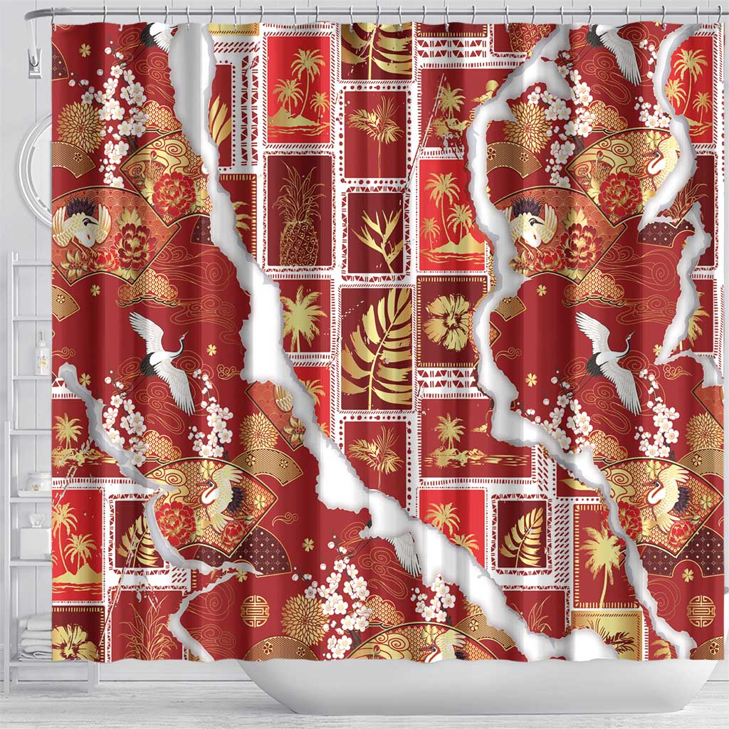 Hawaii Japanese Culture Red Shower Curtain Spring Cranes Aloha Pattern
