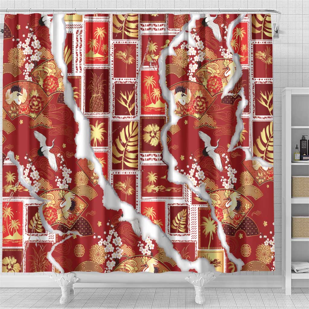 Hawaii Japanese Culture Red Shower Curtain Spring Cranes Aloha Pattern