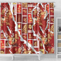 Hawaii Japanese Culture Red Shower Curtain Spring Cranes Aloha Pattern