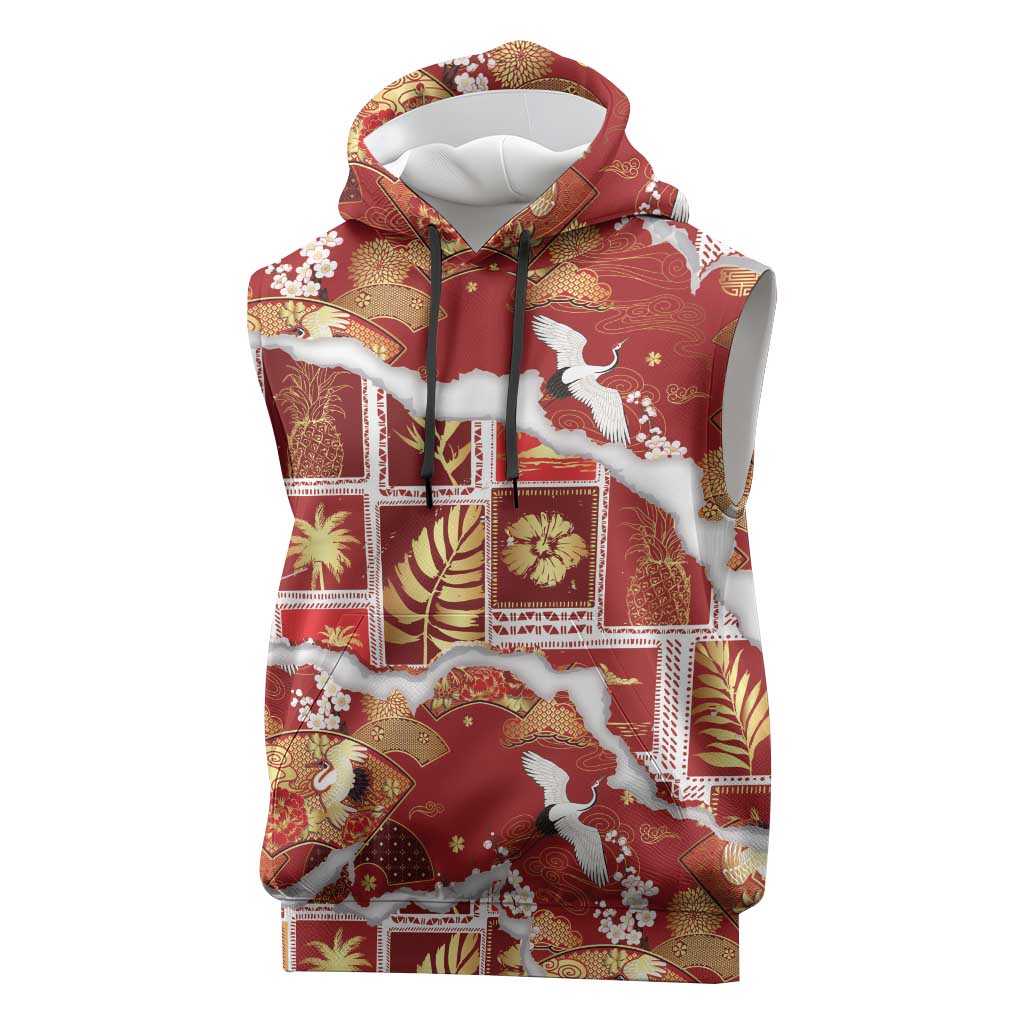 Hawaii Japanese Culture Red Sleeveless Hoodie Spring Cranes Aloha Pattern LT01 Red - Polynesian Pride