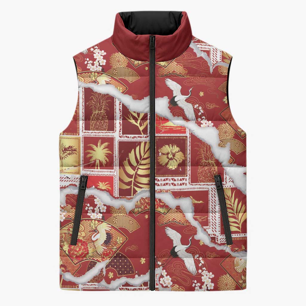 Hawaii Japanese Culture Red Sleeveless Puffer Jacket Spring Cranes Aloha Pattern
