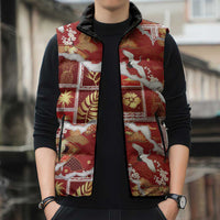 Hawaii Japanese Culture Red Sleeveless Puffer Jacket Spring Cranes Aloha Pattern