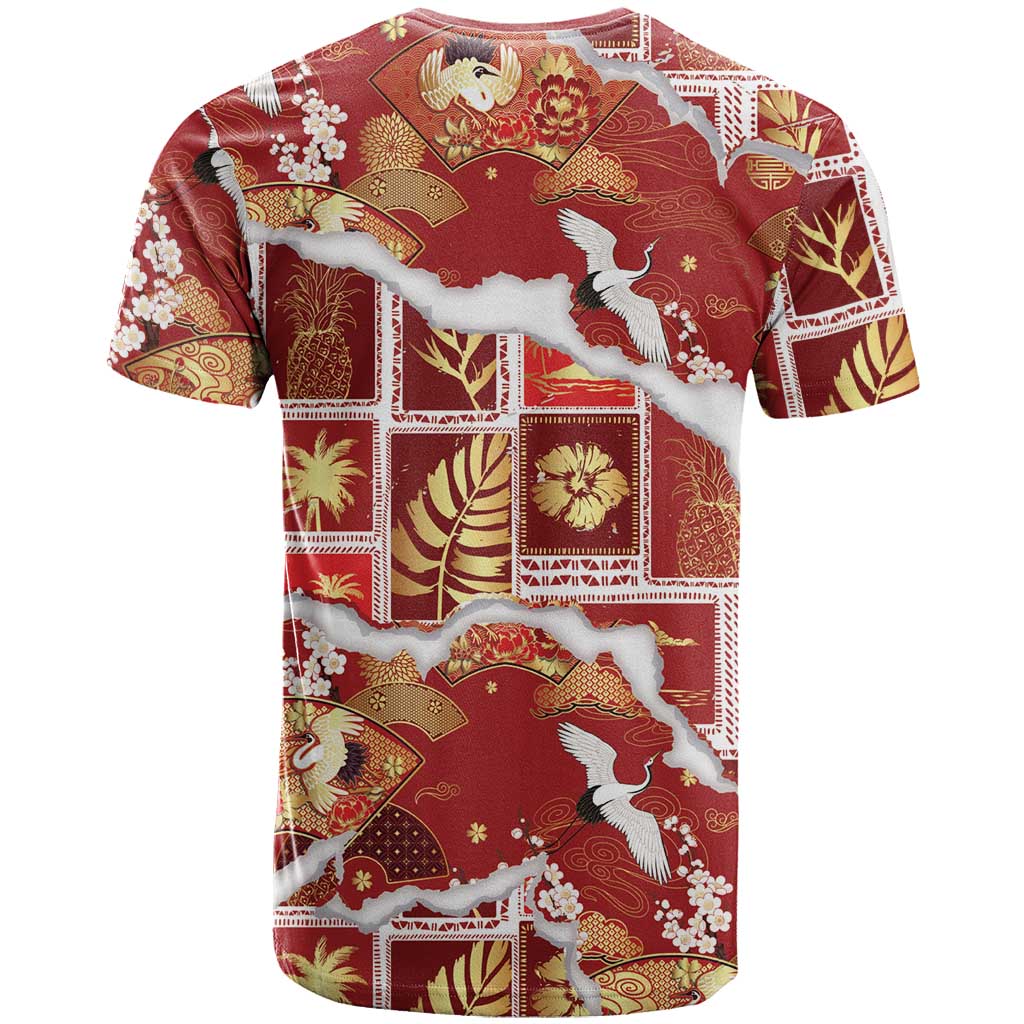 Hawaii Japanese Culture Red T Shirt Spring Cranes Aloha Pattern