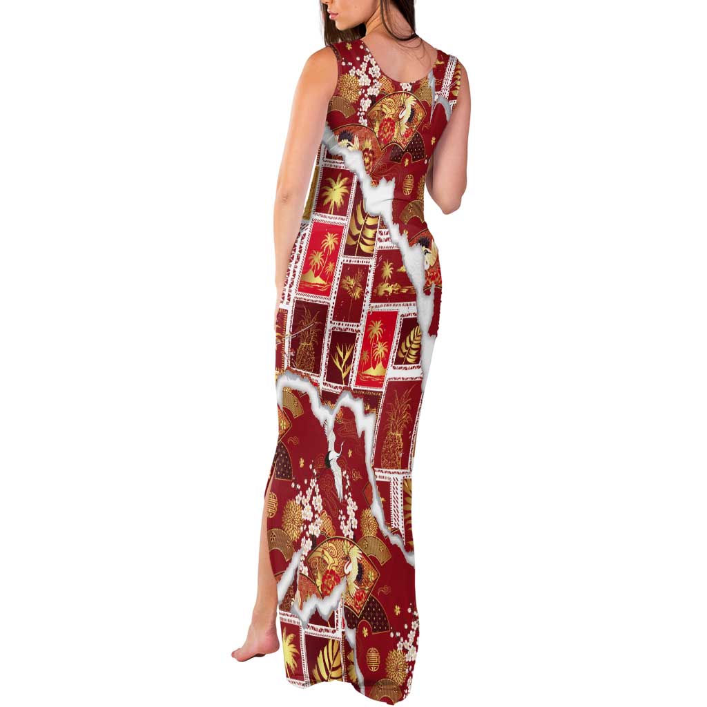 Hawaii Japanese Culture Red Tank Maxi Dress Spring Cranes Aloha Pattern