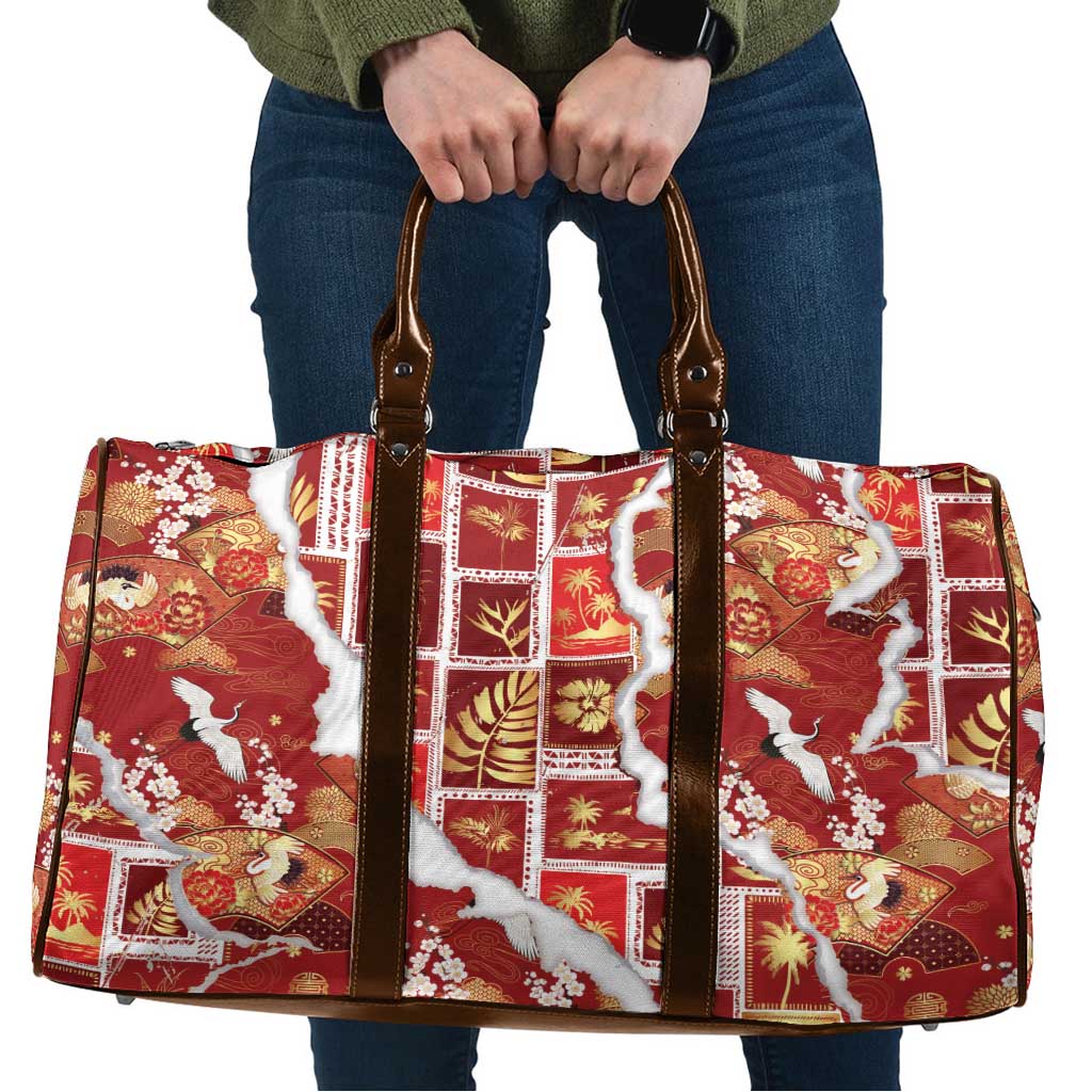 Hawaii Japanese Culture Red Travel Bag Spring Cranes Aloha Pattern