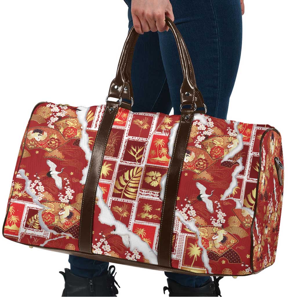 Hawaii Japanese Culture Red Travel Bag Spring Cranes Aloha Pattern