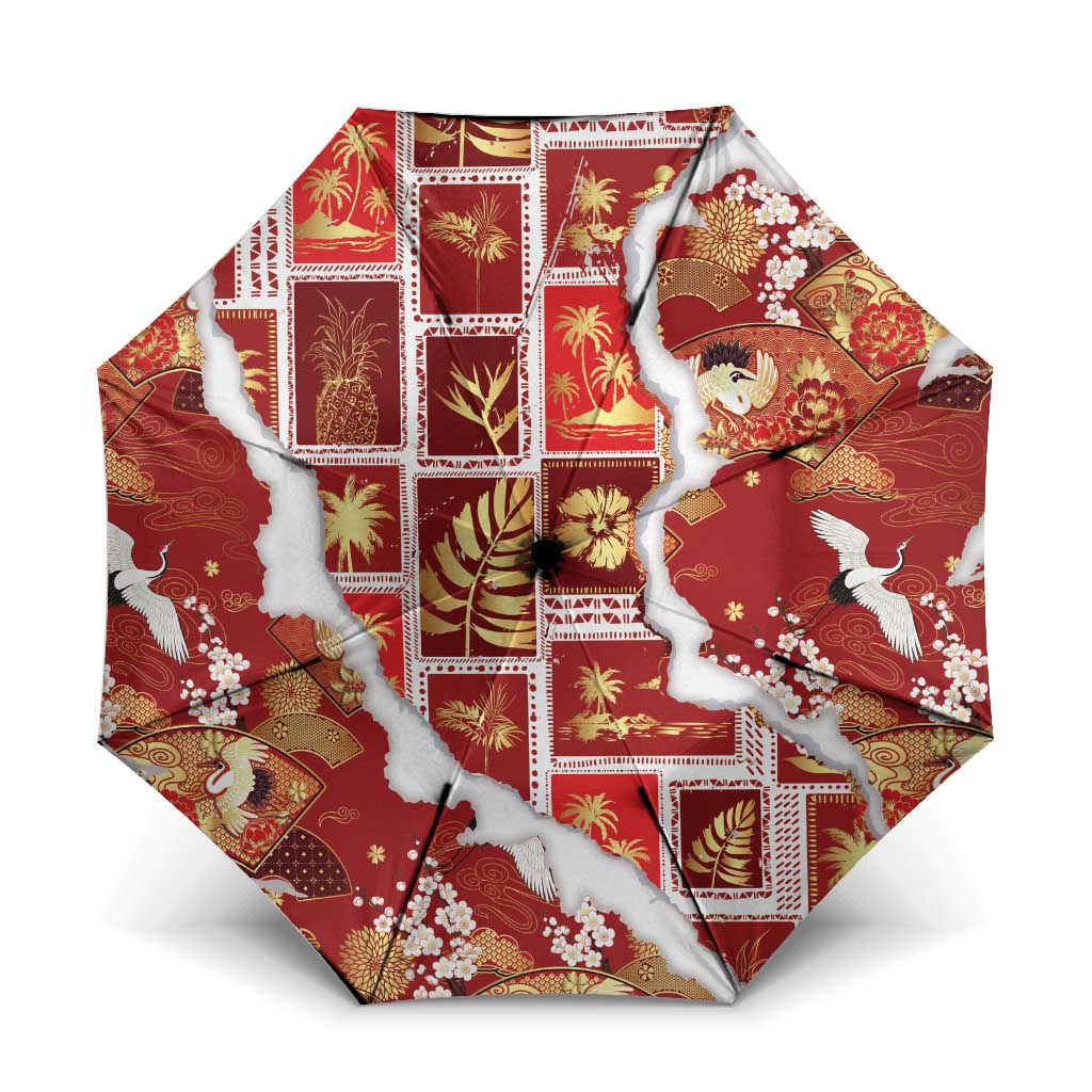 Hawaii Japanese Culture Red Umbrella Spring Cranes Aloha Pattern