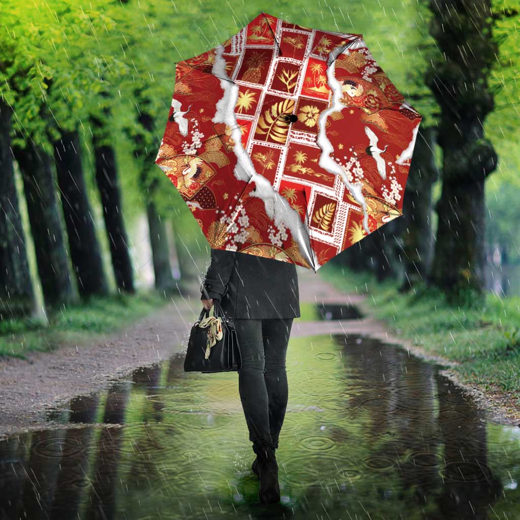 Hawaii Japanese Culture Red Umbrella Spring Cranes Aloha Pattern