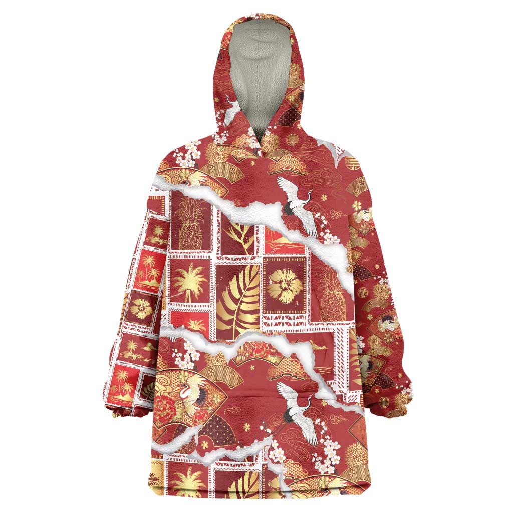 Hawaii Japanese Culture Red Wearable Blanket Hoodie Spring Cranes Aloha Pattern