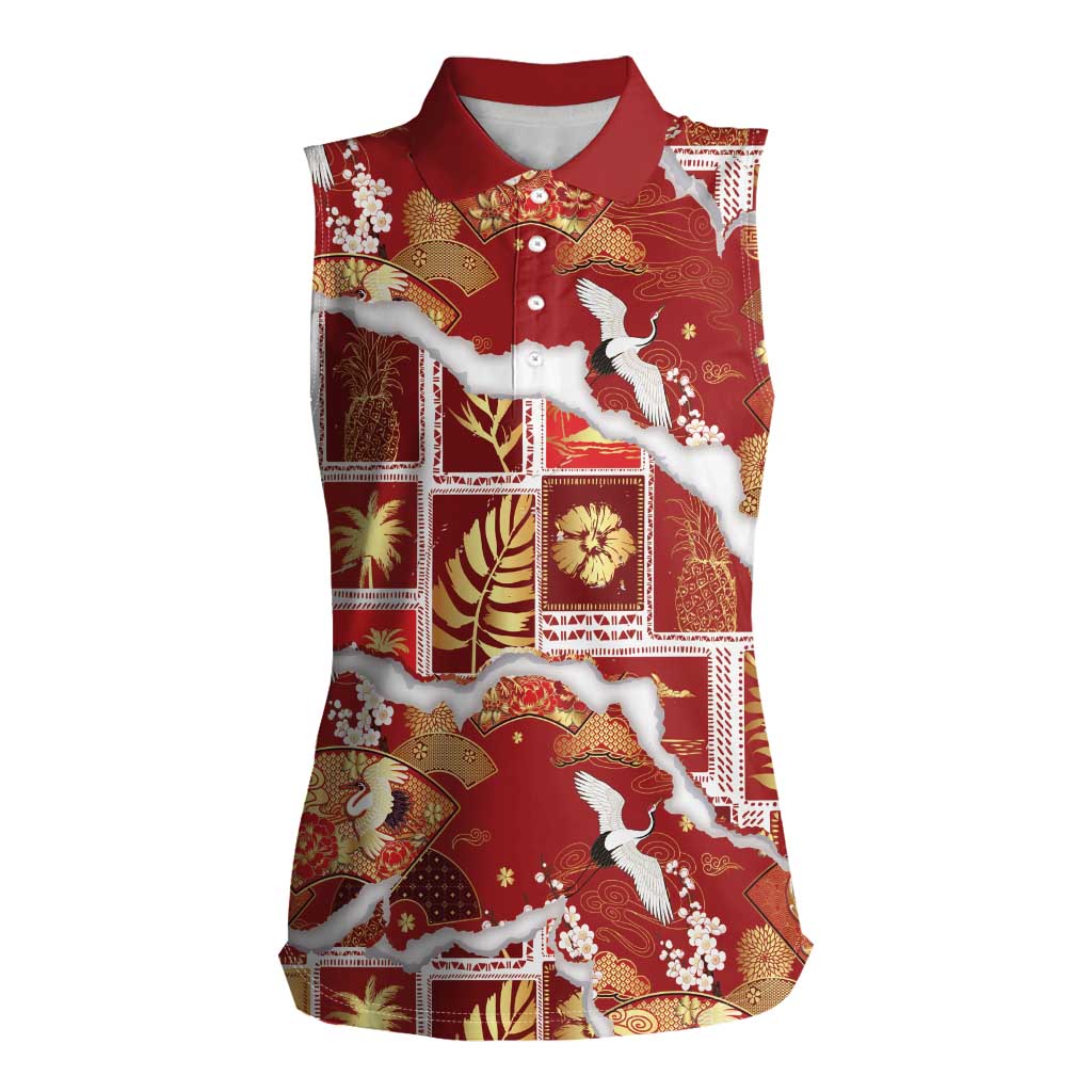 Hawaii Japanese Culture Red Women Sleeveless Polo Shirt Spring Cranes Aloha Pattern
