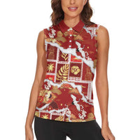 Hawaii Japanese Culture Red Women Sleeveless Polo Shirt Spring Cranes Aloha Pattern