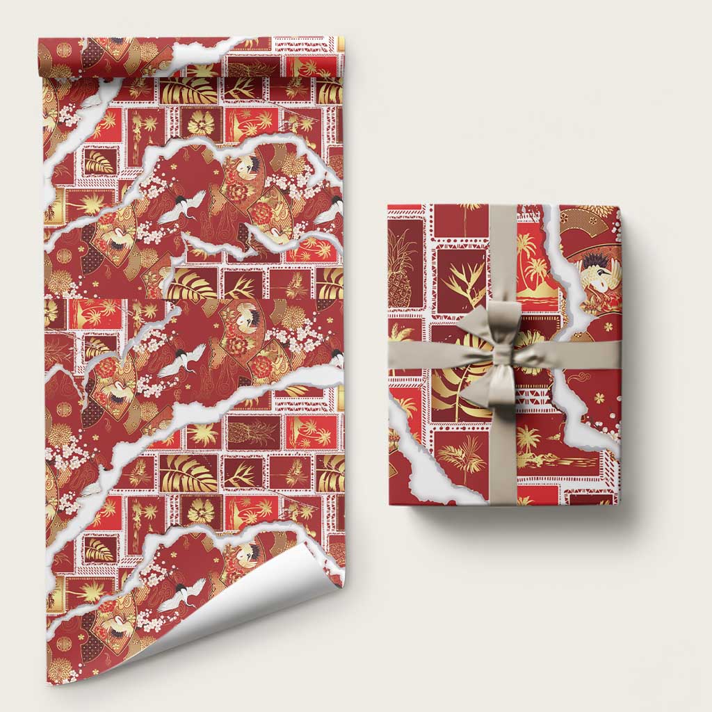Hawaii Japanese Culture Red Wrapping Paper Spring Cranes Aloha Pattern