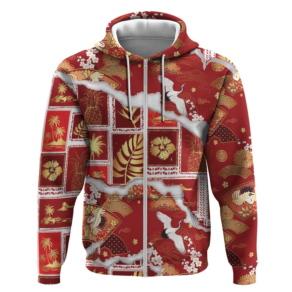 Hawaii Japanese Culture Red Zip Hoodie Spring Cranes Aloha Pattern
