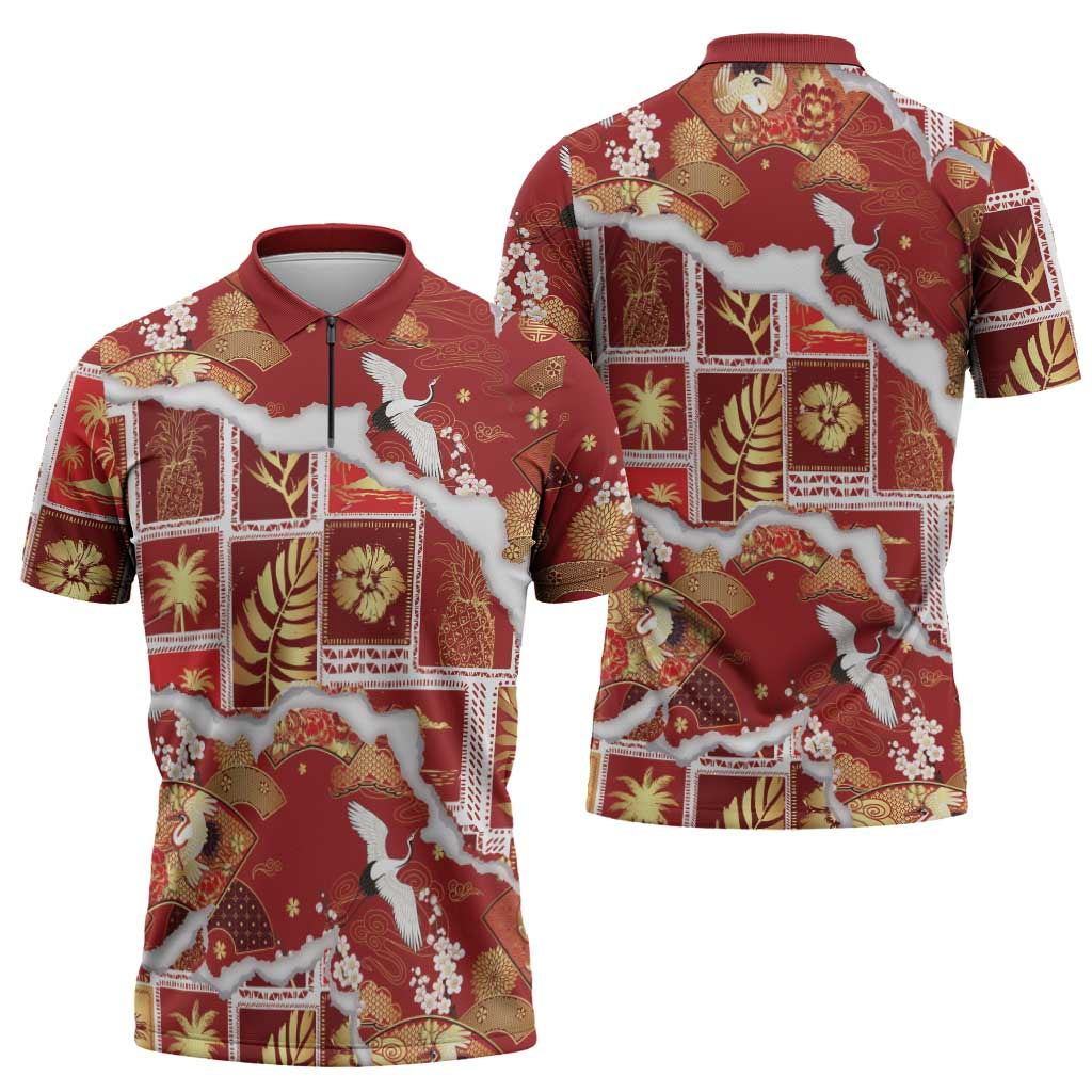 Hawaii Japanese Culture Red Zipper Polo Shirt Spring Cranes Aloha Pattern