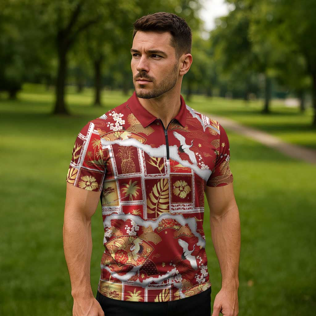 Hawaii Japanese Culture Red Zipper Polo Shirt Spring Cranes Aloha Pattern