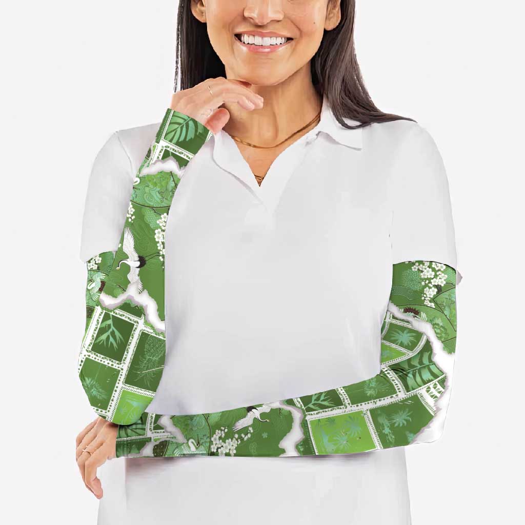 Hawaii Japanese Culture Sage Green Arm Sleeves Spring Cranes Aloha Pattern