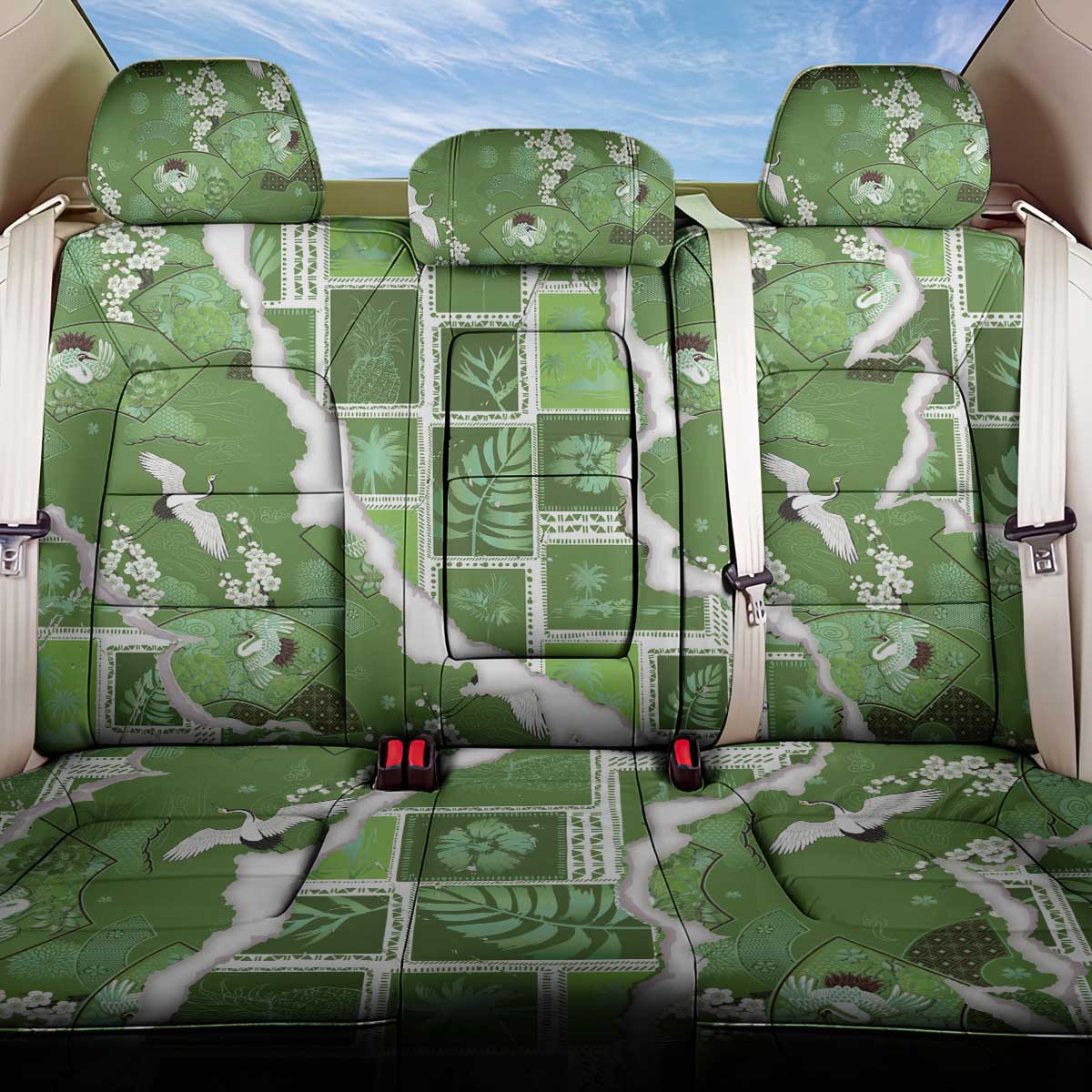 Hawaii Japanese Culture Sage Green Back Car Seat Cover Spring Cranes Aloha Pattern LT01 One Size Sage - Polynesian Pride