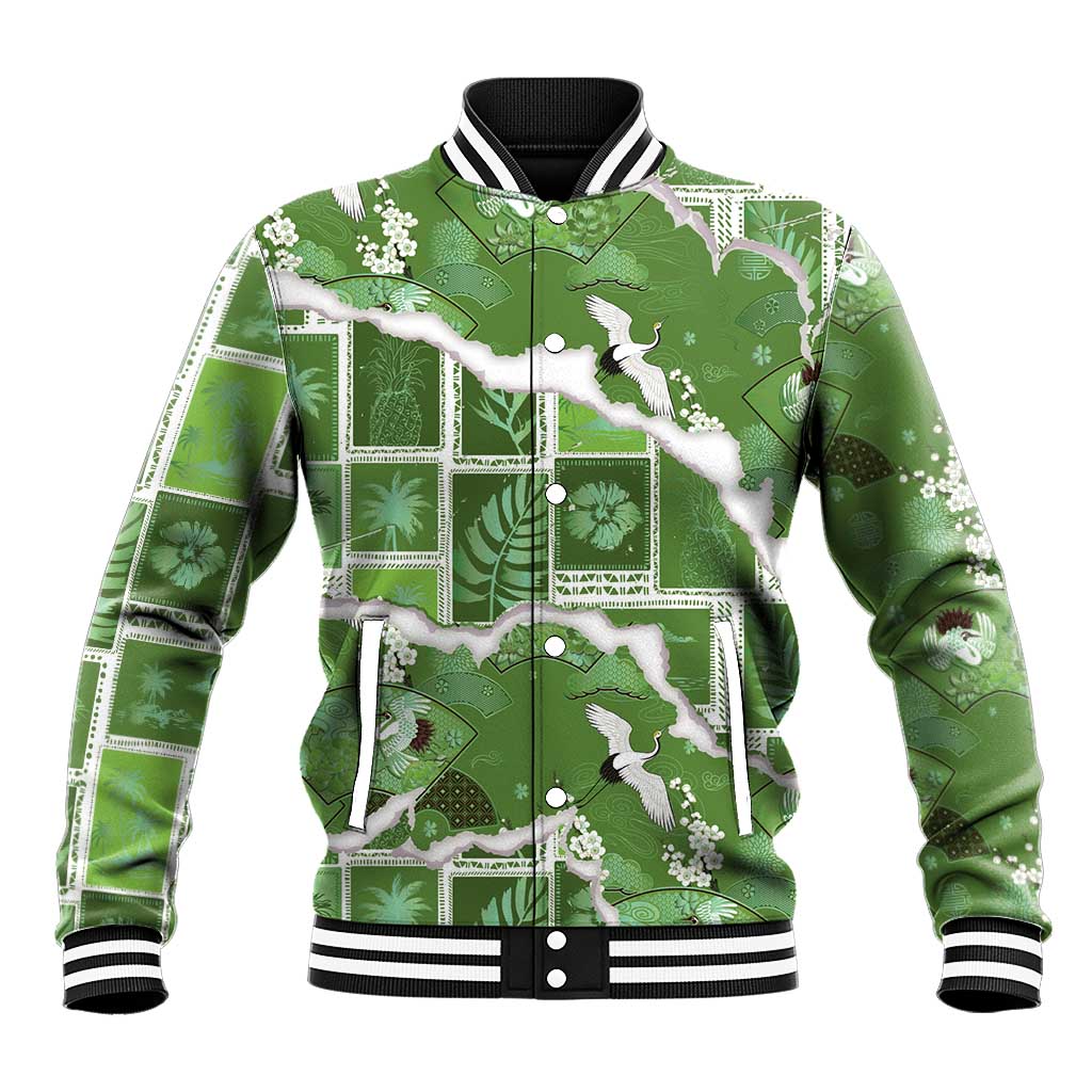 Hawaii Japanese Culture Sage Green Baseball Jacket Spring Cranes Aloha Pattern