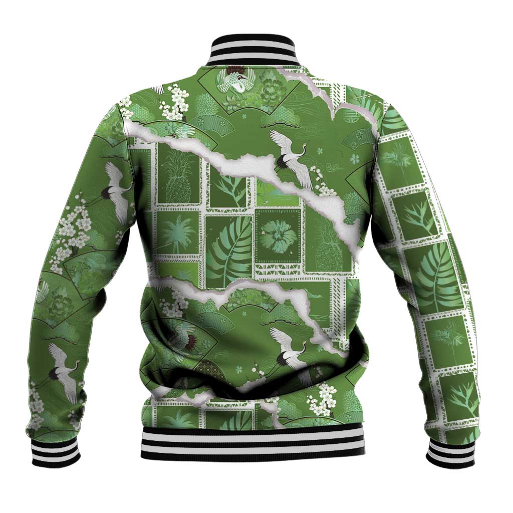 Hawaii Japanese Culture Sage Green Baseball Jacket Spring Cranes Aloha Pattern