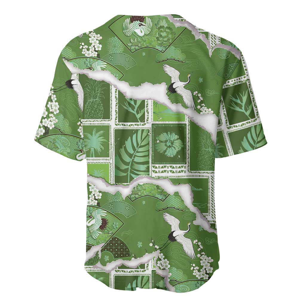 Hawaii Japanese Culture Sage Green Baseball Jersey Spring Cranes Aloha Pattern