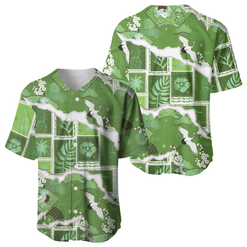 Hawaii Japanese Culture Sage Green Baseball Jersey Spring Cranes Aloha Pattern