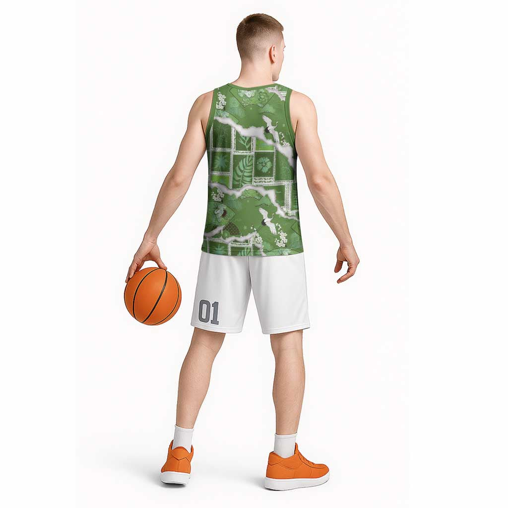 Hawaii Japanese Culture Sage Green Basketball Jersey Spring Cranes Aloha Pattern