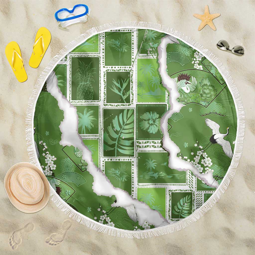 Hawaii Japanese Culture Sage Green Beach Blanket Spring Cranes Aloha Pattern
